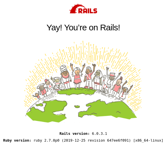 Rails default index page, showing Rails and Ruby versions