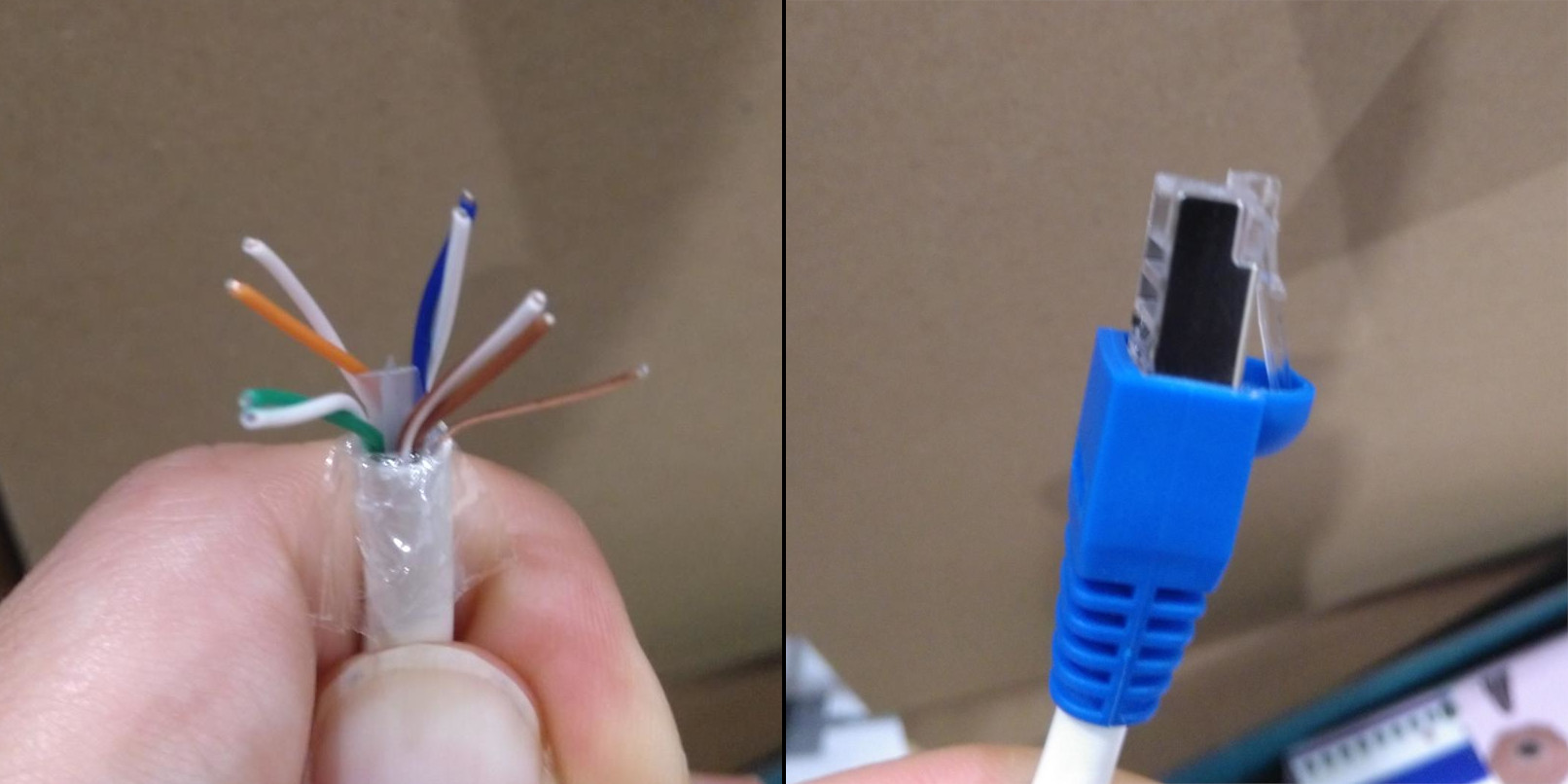 
Two pictures: First, a Cat6 cable without shielding on the tip, with the eight
colored wires spreading out. Second, the same cable with a connector head
installed
