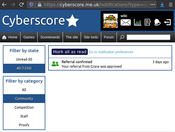 Screenshot of the new Cyberscore notification page, showing read/unread filters