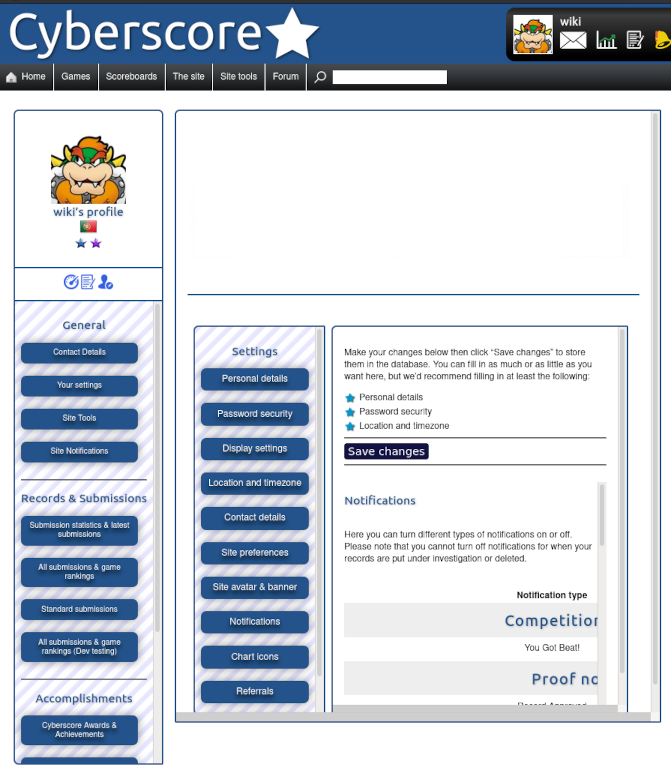 Screenshot of the Cyberscore settings page, showing redesigned to be
responsive