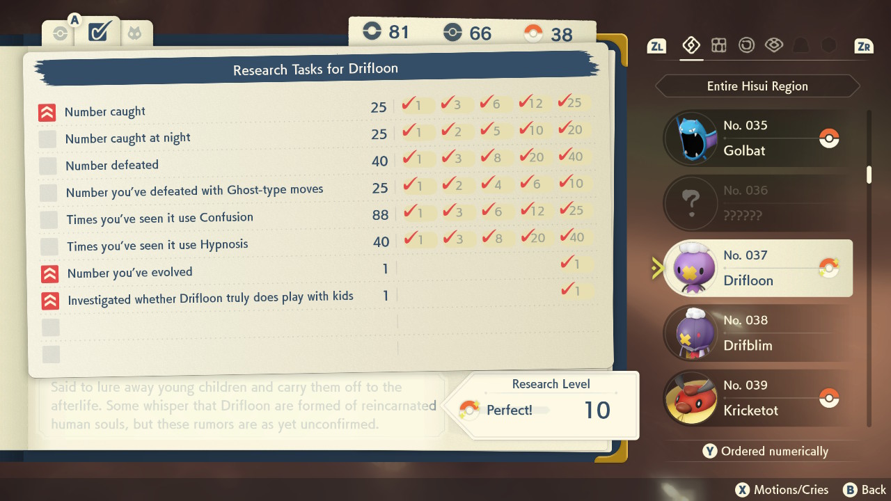 Screenshot of Drifloon's pokédex entry, on the research tasks page, showing a table with 8 research tasks: Number caught (25), Number caught at night (25), Number defeated (48), Number you've defeated with Ghost-type moves (25), Times you've seen it use Confusion (88), Times you've seen it use Hypnosis (40), Number you've evolved (1), Investigated whether Drifloon truly does play with kids (1)