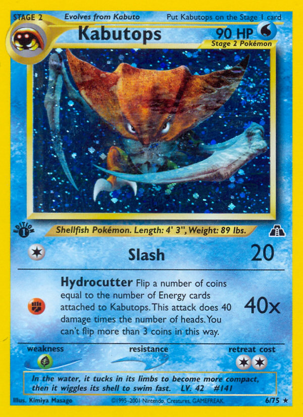 
Kabutops from Neo Discovery. A stage 2 Pokémon, with 90 HP, with an attack
Hydrocutter: Flip a number of coins equal to the number of Energy cards
attached to Kabutops. This attack does 40 damage times the number of heads. You
can't flip more than 3 coins this way
