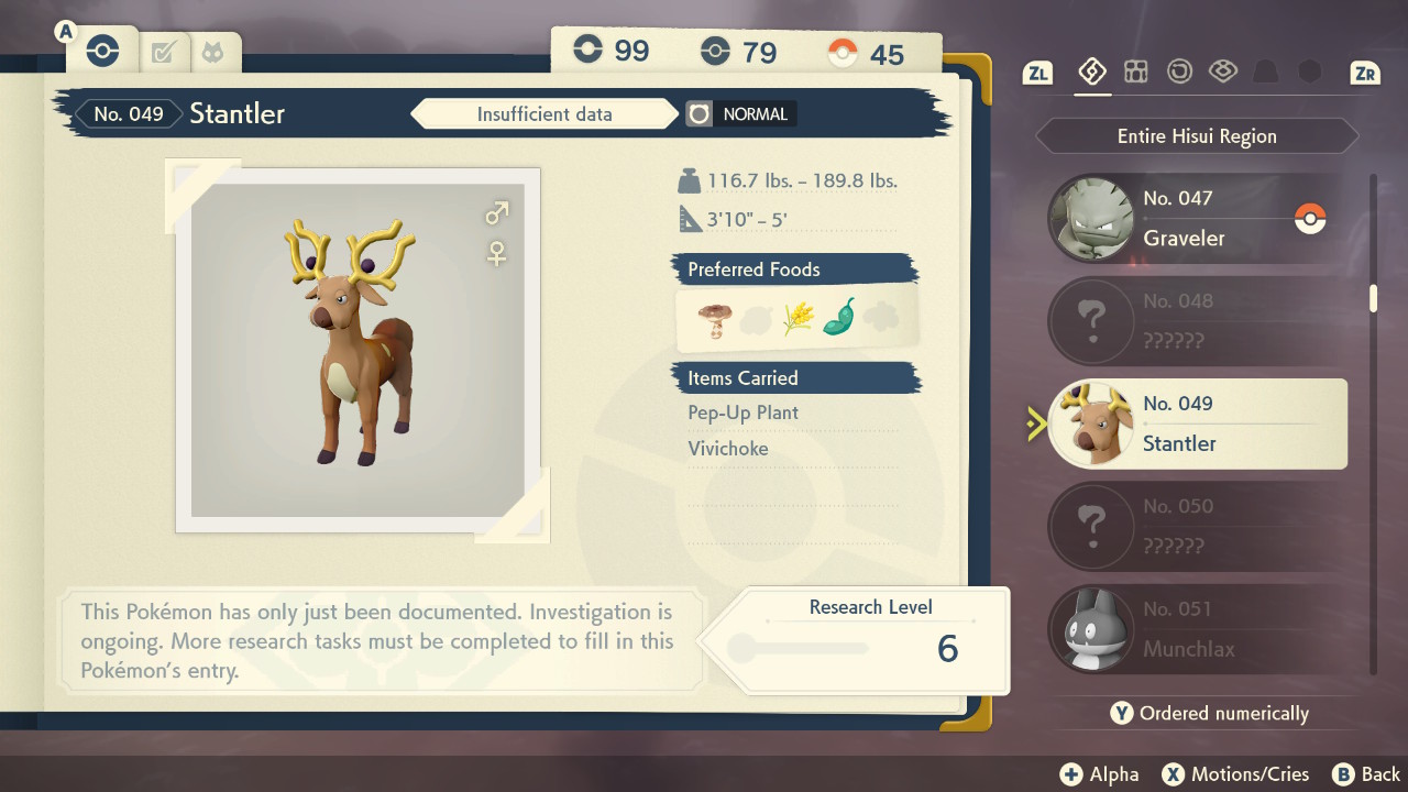 Screenshot of Stantler's pokédex entry, on the general information page, showing a picture of the species, a weight range (116.7 lbs. - 189.8 lbs.), a height range (3'10" - 5'), preferred foods (Springy Mushrooms, Hearty Grains, and Plump Beans), and which items it carries (Pep-Up Plant and Vivichoke)